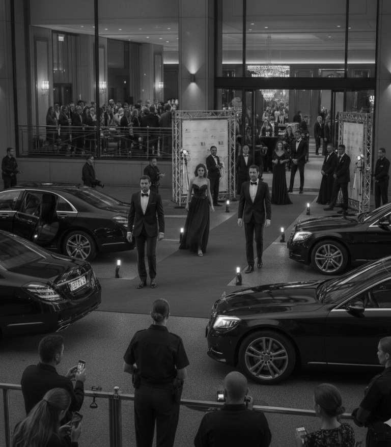 Roter Teppich-Veranstaltung mit eleganten Gästen und Limousinen in schwarz-weiß.