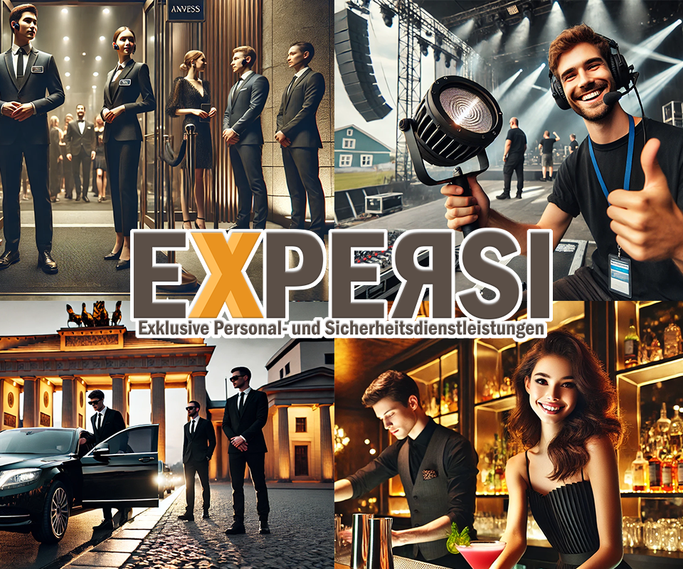 Verschiedene professionelle Szenen: Events, Lichttechnik, Bar und Personenschutz.