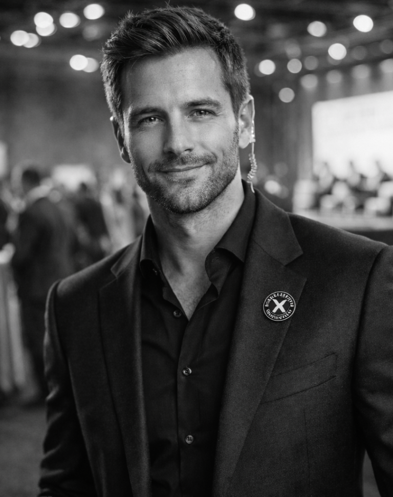 Männlicher Sicherheitsmitarbeiter im Vordergrund, mit einem lächelnden Gesicht, bei der Absicherung eines Corporate Events. 