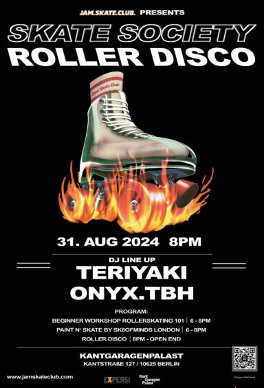 Veranstaltungsplakat für Roller Disco am 31. August 2024 mit DJ Teriyaki.