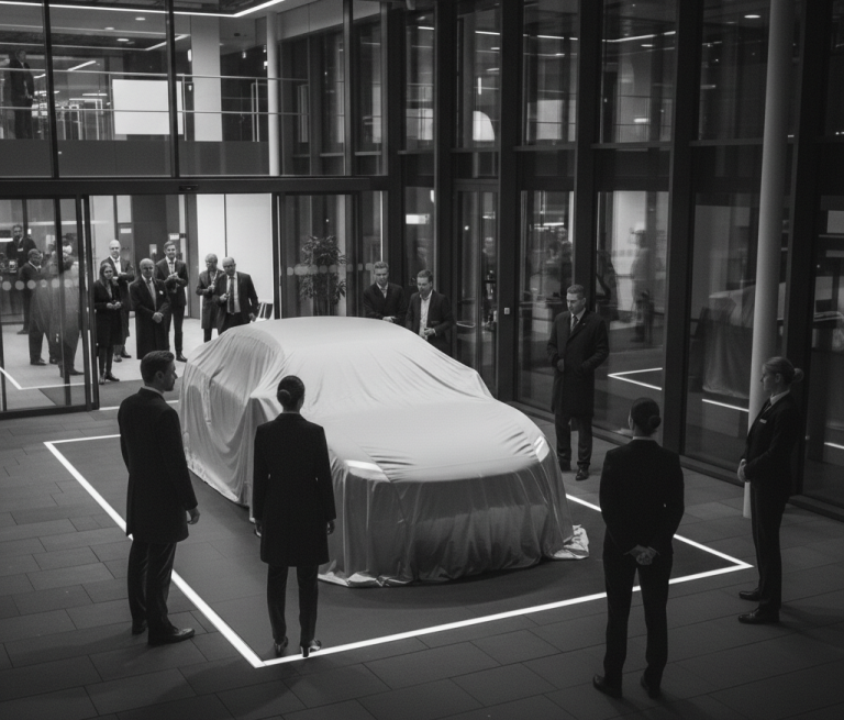 Gruppierung von Personen in Anzügen vor einem mit Tuch bedeckten Auto. Abgesichert durch Sicherheitskräfte.