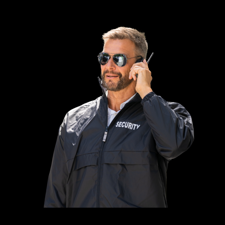 Sicherheitsmitarbeiter mit Sonnenbrille und Headset, spricht am Telefon.